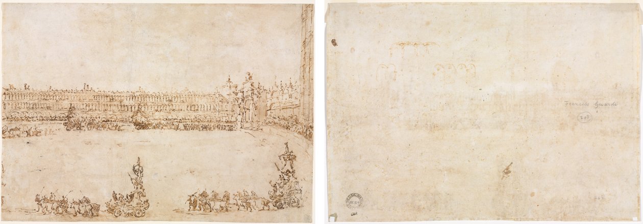 En procession af triumfbiler på Piazza San Marco, Venedig, der fejrer besøget af Conti del Nord (recto) Tre skitser af buer (verso) af Francesco Guardi