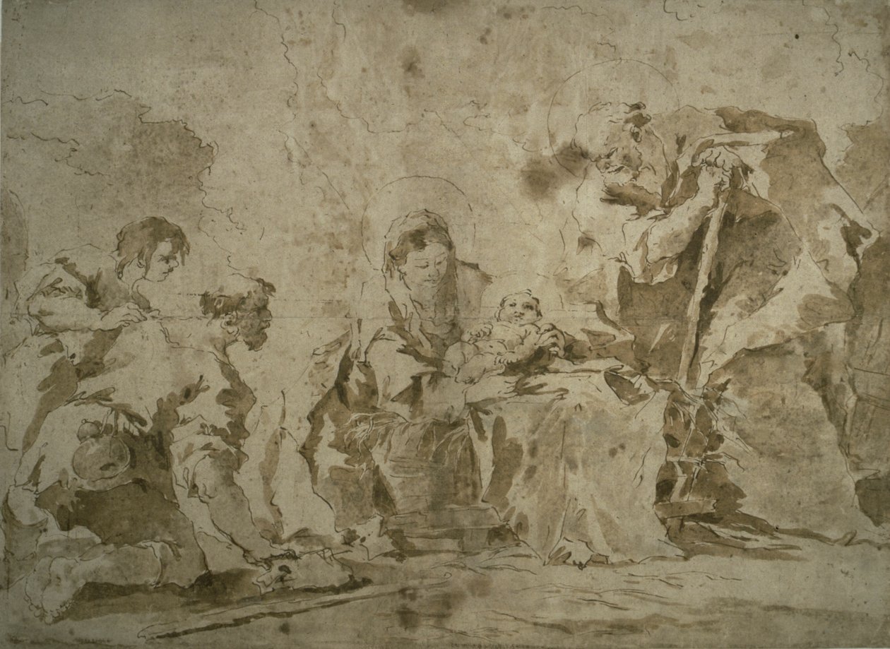 Hyrdernes tilbedelse (recto); Tre skitser: Bygninger ved kanal med både, landskab med bygninger på bjergskråning, bygninger med søjlegang (bagside) af Francesco Guardi