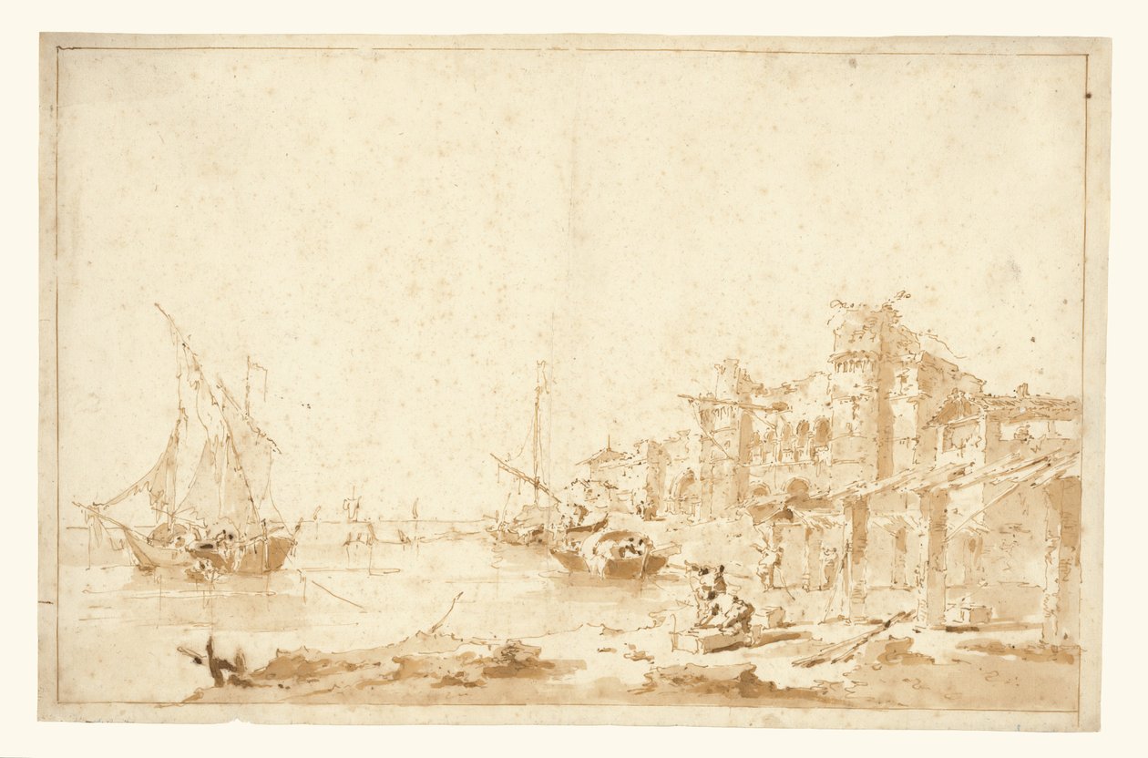 En imaginær udsigt over en venetiansk lagune med en fæstning ved bredden af Francesco Guardi