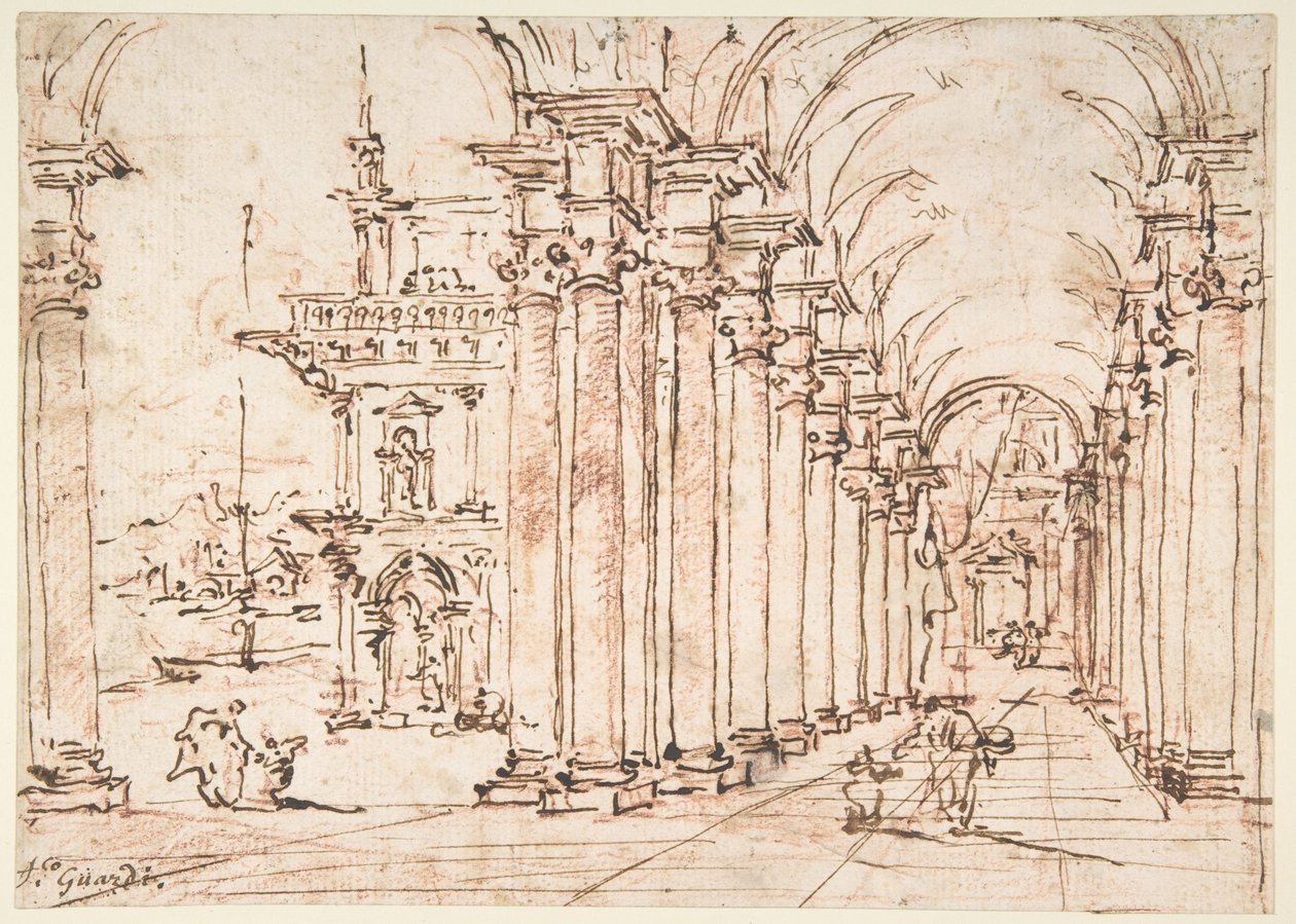 Arkitektonisk kapriccio: Et palads’ hvælvede søjlegang af Francesco Guardi