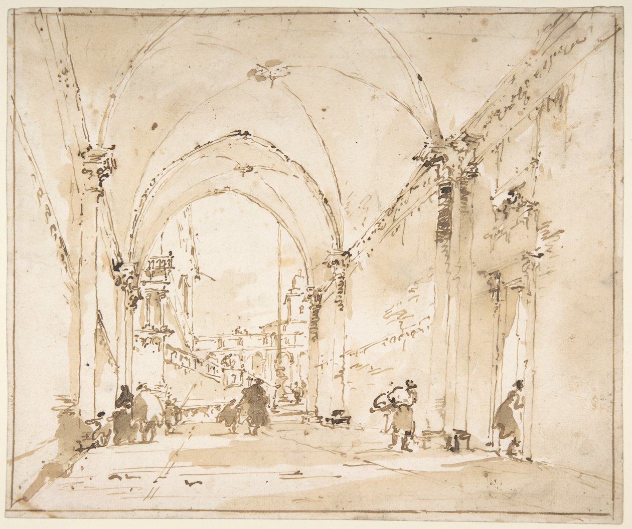 Arkitektonisk kapriccio: Hvælvede gang, der fører ud til et torv af Francesco Guardi