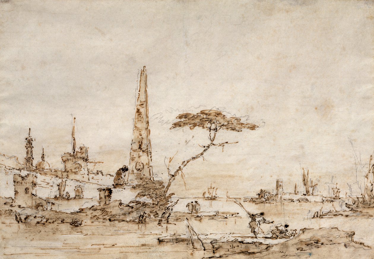Capriccio ved siden af en venetiansk lagune med en obelisk og løve uden for murene i en befæstet by (pen og blæk) af Francesco Guardi