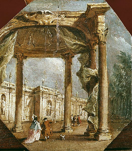 Capriccio af en tåbelighed med et elegant par og en hund (olie på panel) af Francesco Guardi