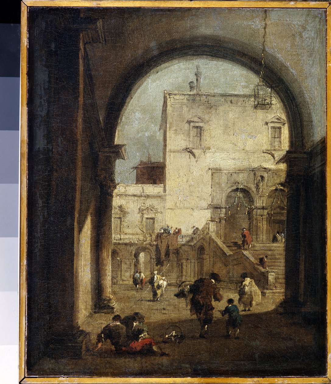 Venetiansk Capriccio: udsigt over en plads og et palads maleri af Francesco Guardi (1712-1793) 1775-1780 Søn. 27x23 cm Eremitagemuseet, Sankt Petersborg af Francesco Guardi