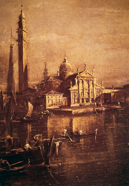 Kirken San Giorgio og Campanile, detalje af Bassinet af Markuspladsen, ca. 1774 af Francesco Guardi