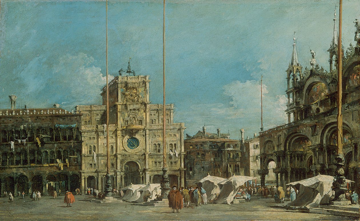 Tysk: Der Uhrturm am Markusplatz Klokketårnet på Markuspladsen af Francesco Guardi