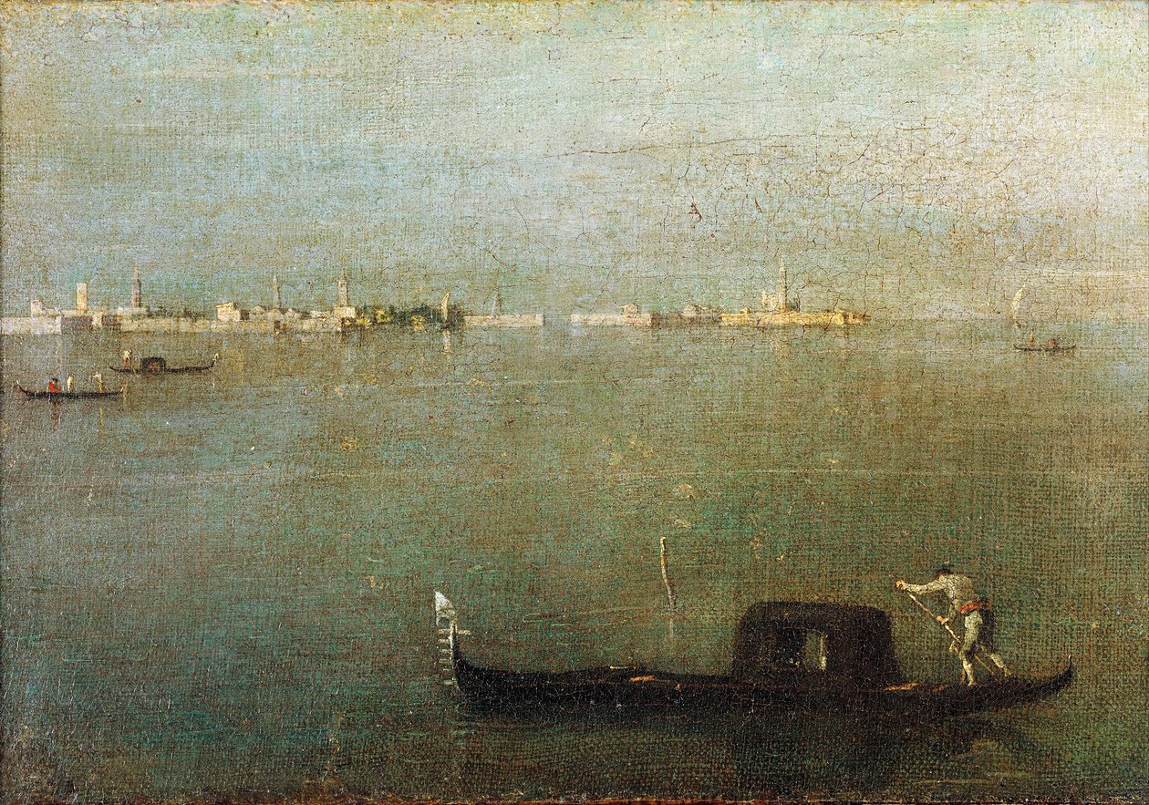 Gondol på lagunen, grå lagune ca. 1765 (olie på lærred) af Francesco Guardi