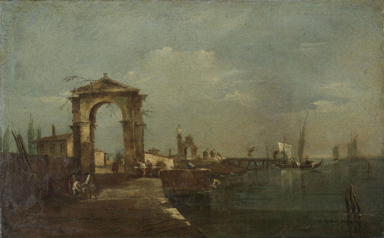 Landskab med kaj og skibe på en sø af Francesco Guardi