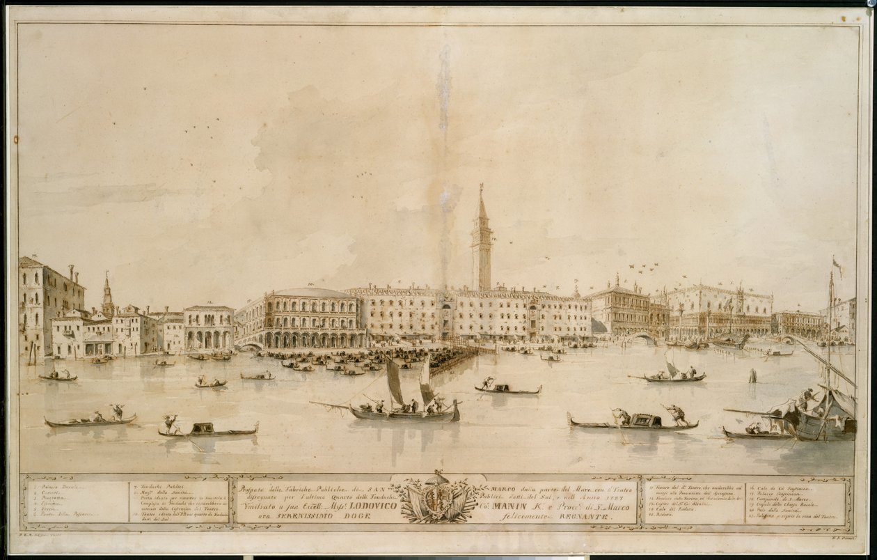 Panorama over Venedig fra Bacino di San Marco, herunder projektet til det foreslåede Teatro Manin af Francesco Guardi