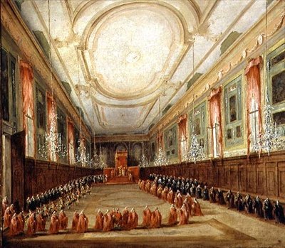 Pave Pius VI (1717-99) og Doge Paolo Renier i SS-kirken. Giovanni og Paolo (olie på lærred) af Francesco Guardi