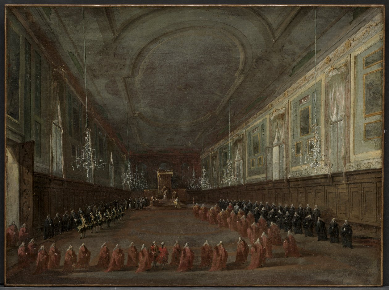Pave Pius VI stiger ned på tronen for at tage afsked med dogen i SS Hall. Giovanni e Paolo, 1782 af Francesco Guardi