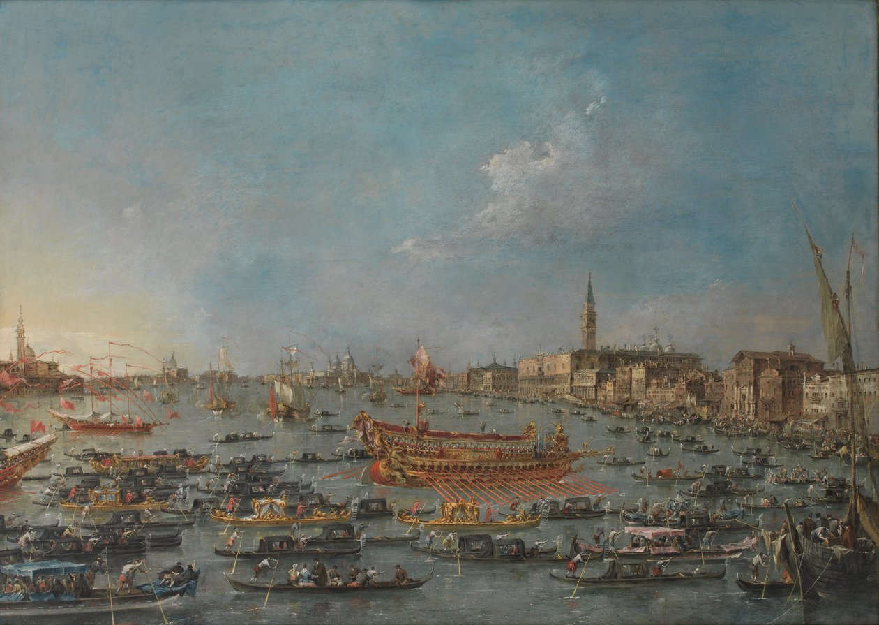 Bucintoro-festivalen i Venedig. Bacino di S. Marco med "Bucintoro", dogens statspram, på Kristi Himmelfartsdag af Francesco Guardi
