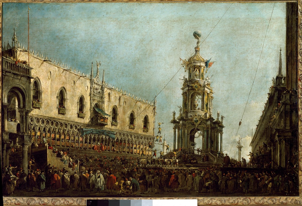 Dogen af Venedig deltager i fastelavnsfejringerne på Piazzetta di San Marco (olie på lærred af Francesco Guardi