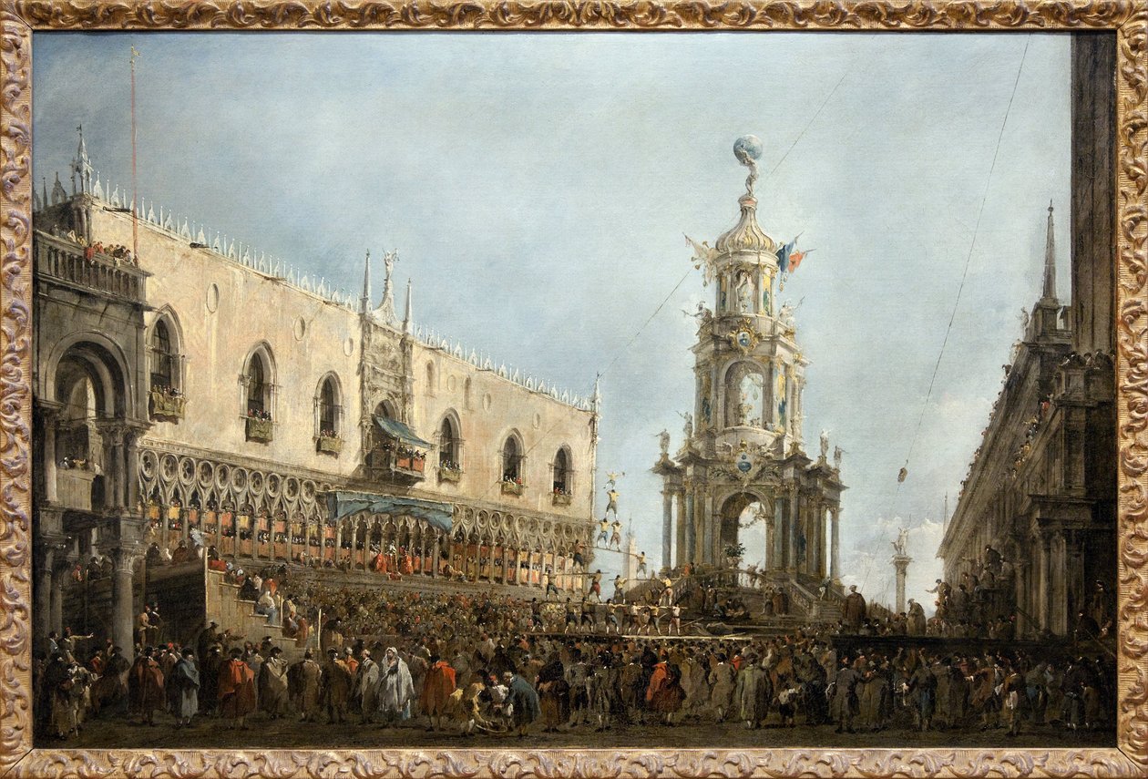 Dogen af Venedig deltager i festmåltiderne torsdag Gras på Piazzetta di San Marco, dogen er til venstre, under den centrale arkade af Dogepaladset, ved siden af et efemere monument opført på Piazzetta, står en menneskelig pyramide fra en gymnastikkonkurren af Francesco Guardi