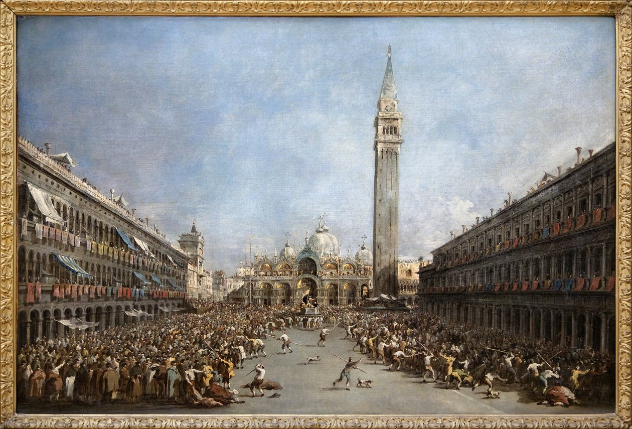 Dogen af Venedig bærer af gondoliererne efter hans valg til Markuspladsen (San Marco) (udsigt over Sankt Markusbasilikaen og klokketårnet), oliemaleri af Francesco Guardi (1712-1792). Fotografi, KIM Youngtae, Grenoble, Musee de Grenoble. af Francesco Guardi