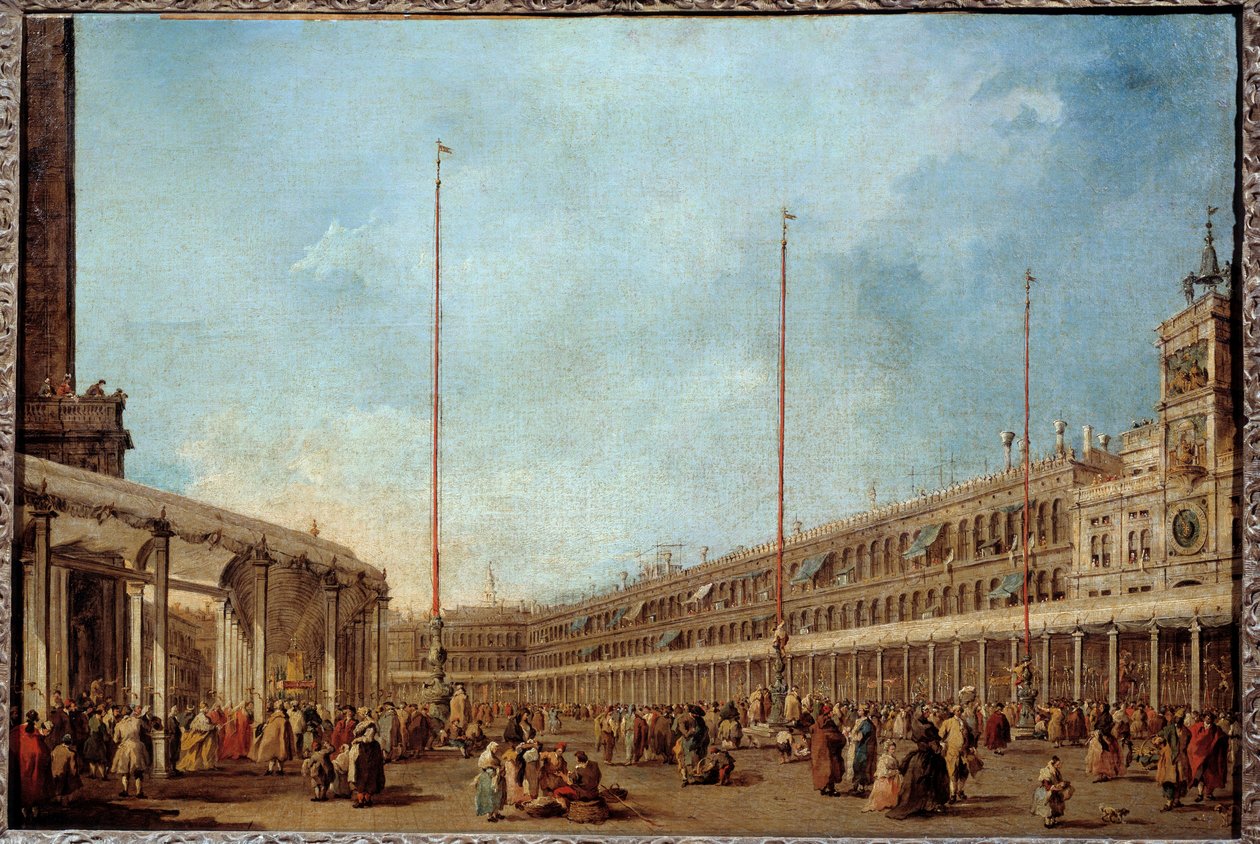 Dogen af Venedig følger processionen af Corpus domini piazza San Marco (Markuspladsen) Dette er sandsynligvis Doge Alviso IV Mocenigo (1763-1778). Maleri af Francesco Guardi (1712-1793) 1766-1770 søn. 0,67x1m af Francesco Guardi