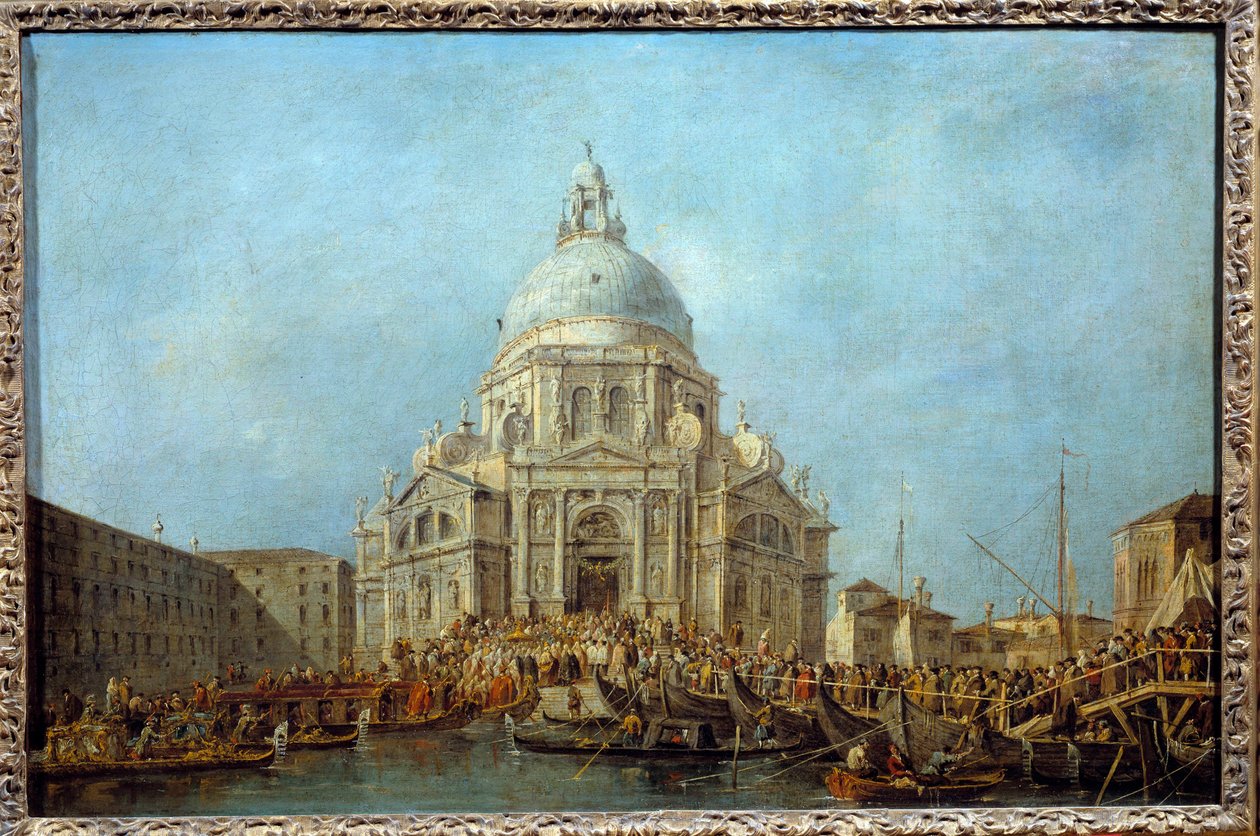 Dogen af Venedig går til kirken Santa Maria della Salute den 21. november, dagen for mindedagen for afslutningen på pesten i 1630. Dette er sandsynligvis Doge Alviso IV Mocenigo (1763-1778). Maleri af Francesco Guardi (1712-1793) 1775-1780 Su af Francesco Guardi
