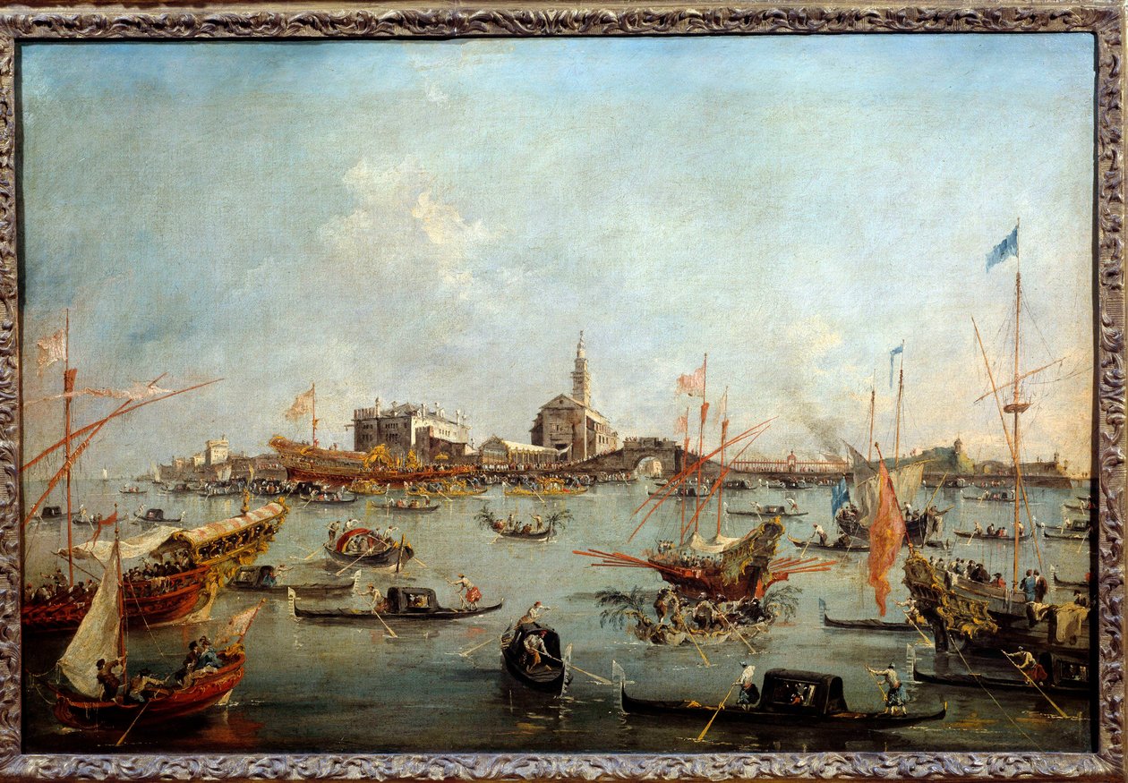 Dogen på Bucentaurus (Bucentoro) i San Nicolo i Venedig på Kristi Himmelfartsdag Dette er sandsynligvis Doge Alvise IV Mocenigo (1763-1778). Maleri af Francesco Guardi (1712-1793) 1775-1780 søn. 0,67x1m af Francesco Guardi