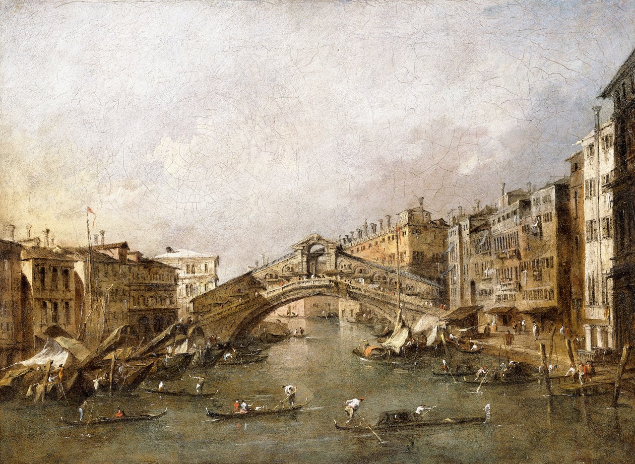 Rialtobroen, Venedig, med gondoler i forgrunden, af Francesco Guardi