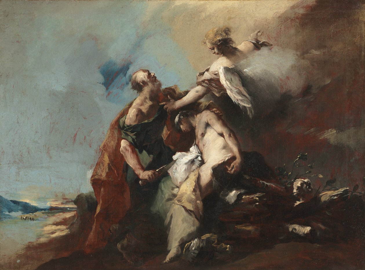 Isaks, Tobias og englens offer, Englene, der viser sig for Abraham, Abraham byder de tre engle velkommen (maleriserie) af Francesco Guardi