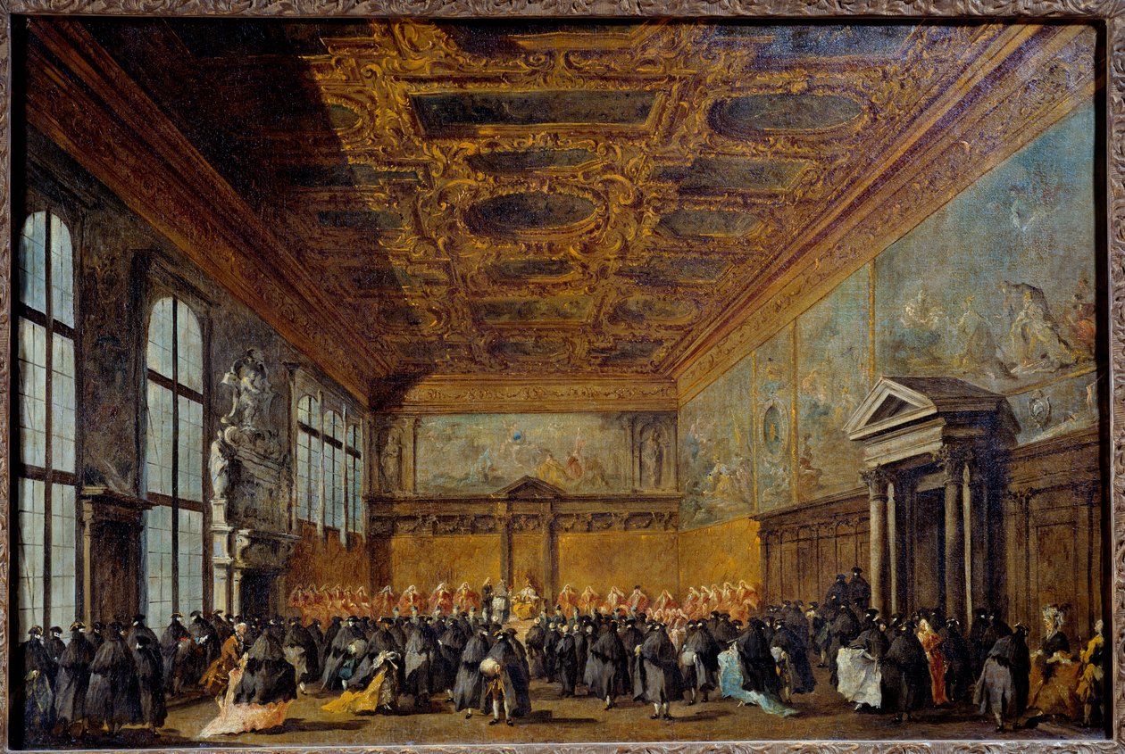 Publikum skænket af Dogen af Venedig (sandsynligvis Alvise IV Mocinego (1701-1778)) i College Hall ved Hertugpaladset i Venedig Maleri af Francesco Guardi (1712-1793) 1766-1770 Søn. 0,67 x 1,01 m af Francesco Guardi