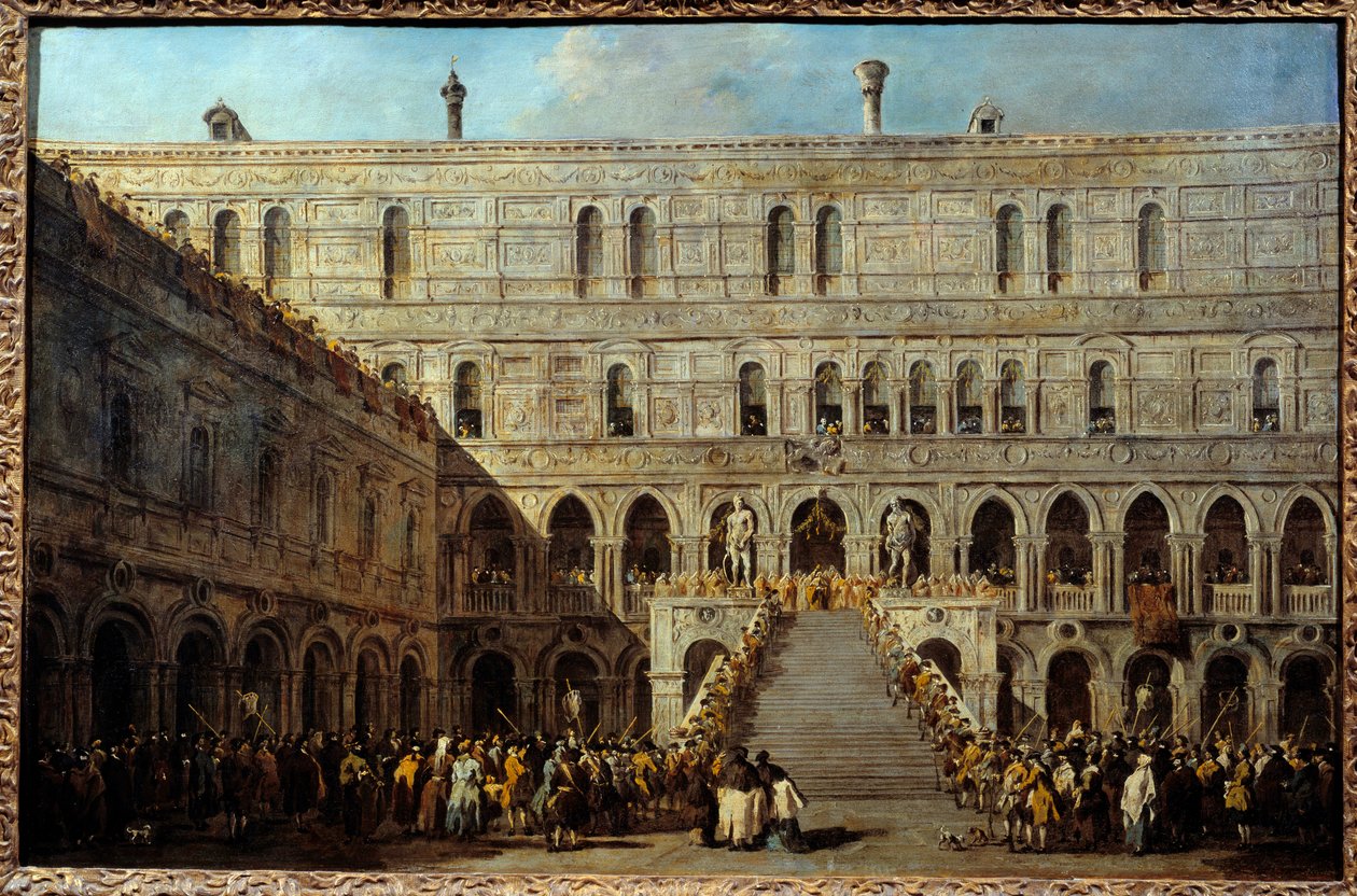 Kroningen af dogen af Venedig på trappen til kæmperne ved hertugpaladset. Maleri af Francesco Guardi (1712-1793), mellem 1766 og 1770. h/t 0,67 x 1,01m. af Francesco Guardi