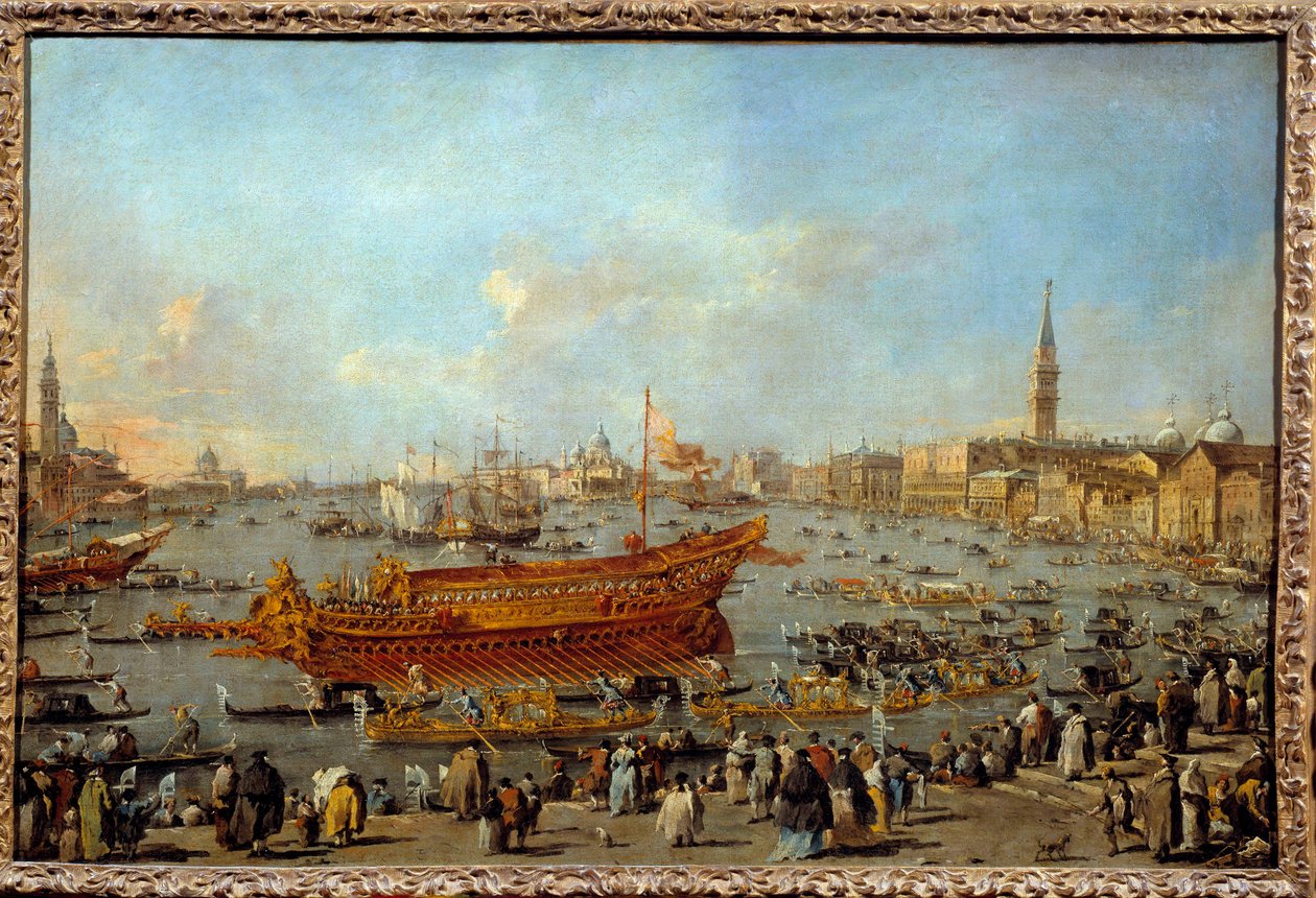 Bucentaurens (Bucentoro) afgang mod Venedigs Lido på Kristi Himmelfartsdag Maleri af Francesco Guardi (1712-1793) 1766-1770 Søn. 0,66x1,01 m - Bucentaurens (Bucentoro) afgang til Venedigs Lido til Kristi Himmelfartsceremonien. Pai af Francesco Guardi