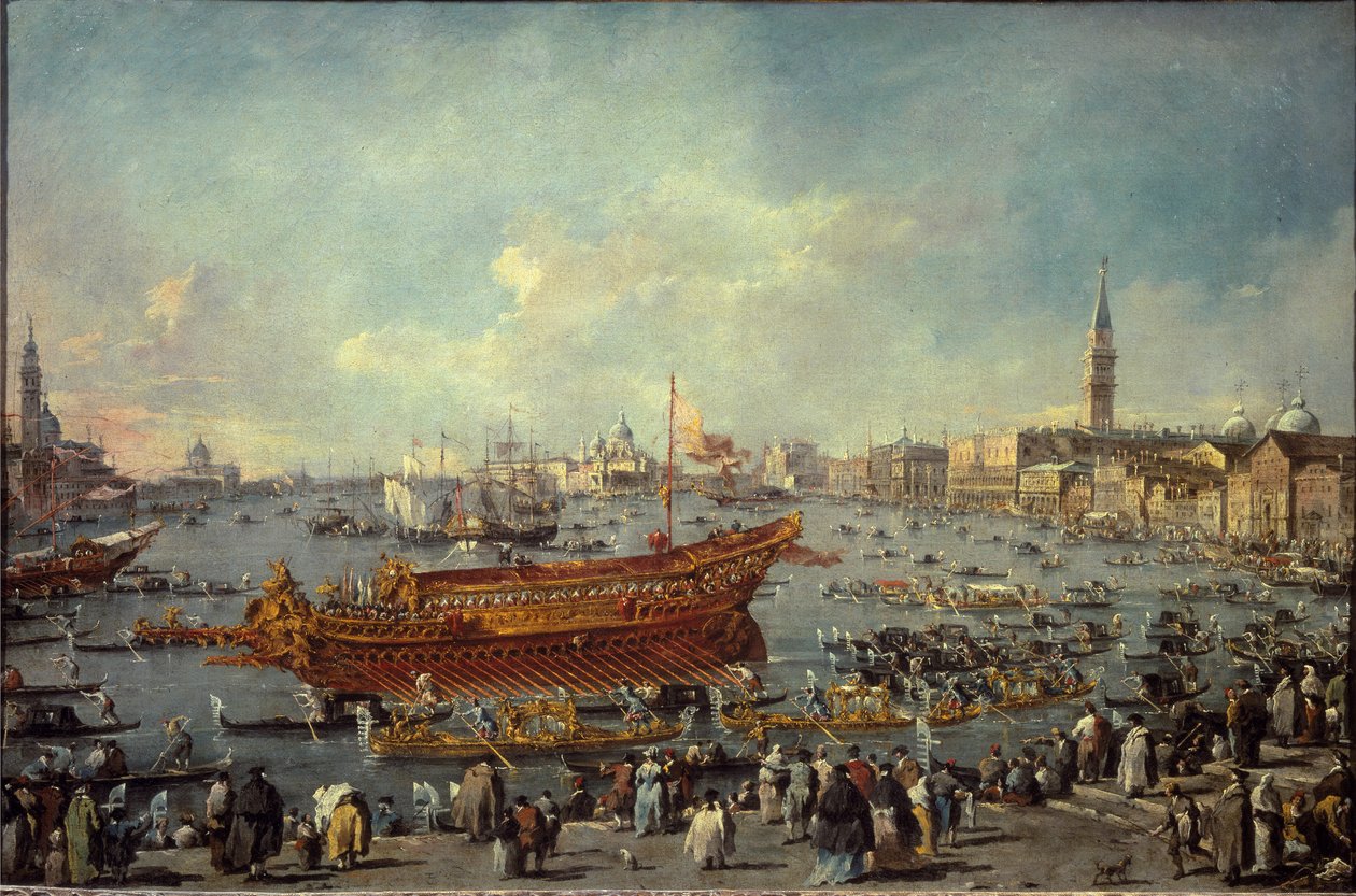 Bucentaurens afgang til Venedigs Lido til Kristi Himmelfartsceremonien (olie på lærred af Francesco Guardi