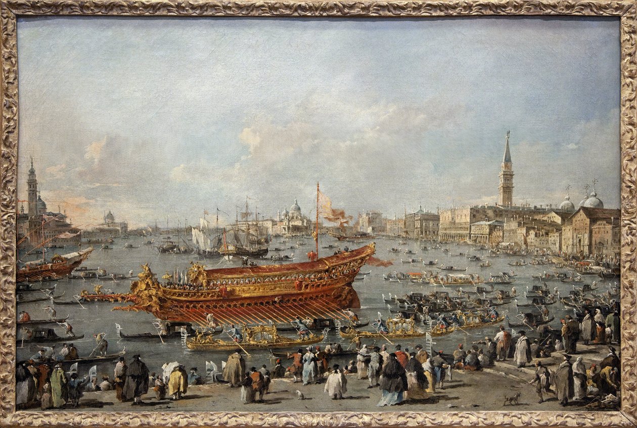 Starten af Bucentaurus (Bucentoro) mod Lido i Venedig på Kristi Himmelfartsdag, Dogen deltager i den store begivenhed af Kristi Himmelfartsfestlighederne, brylluppet i Venedig med Adriaterhavet til minde om erobringen af Dalmatien i det 14. århundrede af Francesco Guardi