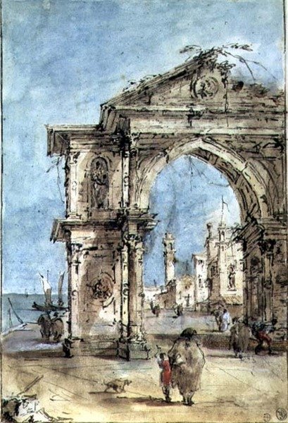 Triumfbue på dæmningen (pen og brunt blæk, vask, akvarel, forhøjet med hvid) af Francesco Guardi