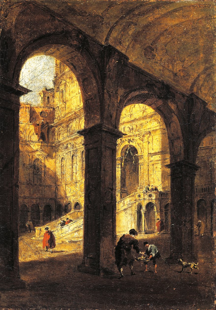 Udsigt over gården til Palazzo Ducale og kæmpetrappen (Scala dei Giganti), i Venedig, ca 1780, af Francesco Guardi (1712-1793), olie på lærred, 26x39 cm. af Francesco Guardi