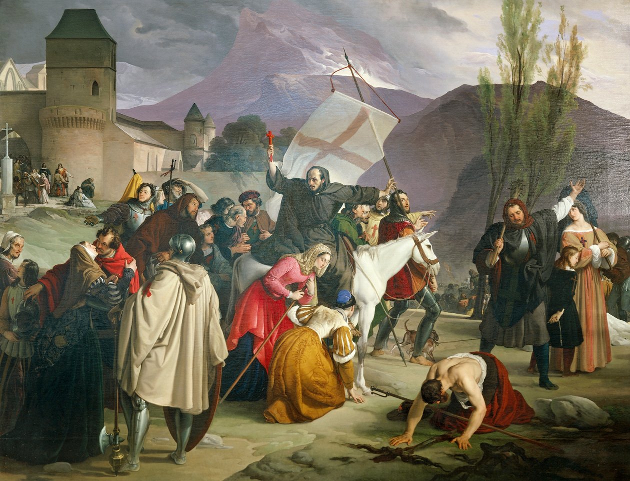 Peter Eremit rider på hvidt muldyr med krucifiks i hånden og cirkulerer gennem byer og landsbyer og prædiker korstog af Francesco Hayez