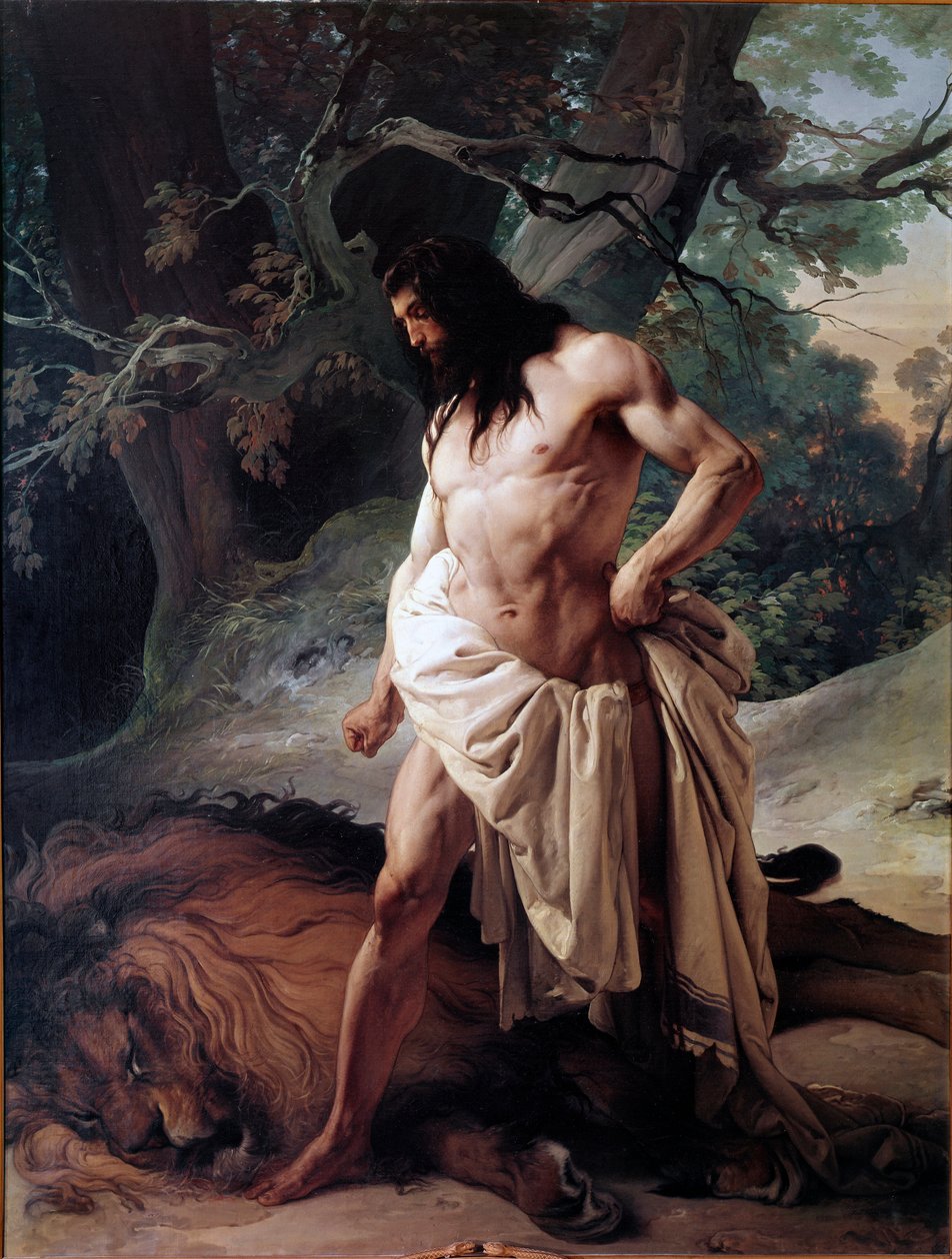 Samson ser på løven, han lige har dræbt med bare hænder (olie på lærred af Francesco Hayez