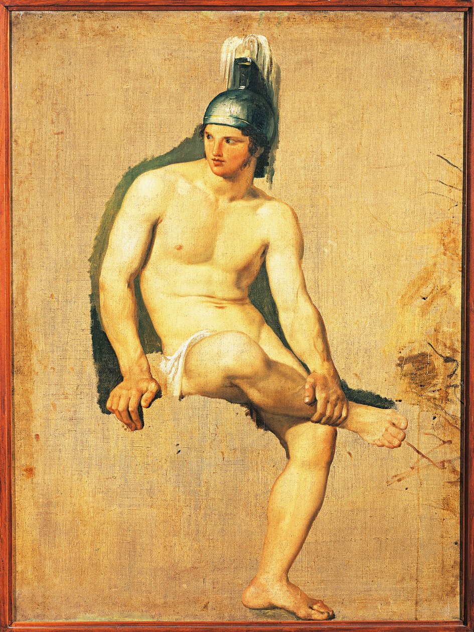 Studie af nøgen kriger siddende med hjelm på hovedet, af Francesco Hayez, olie på lærred af Francesco Hayez