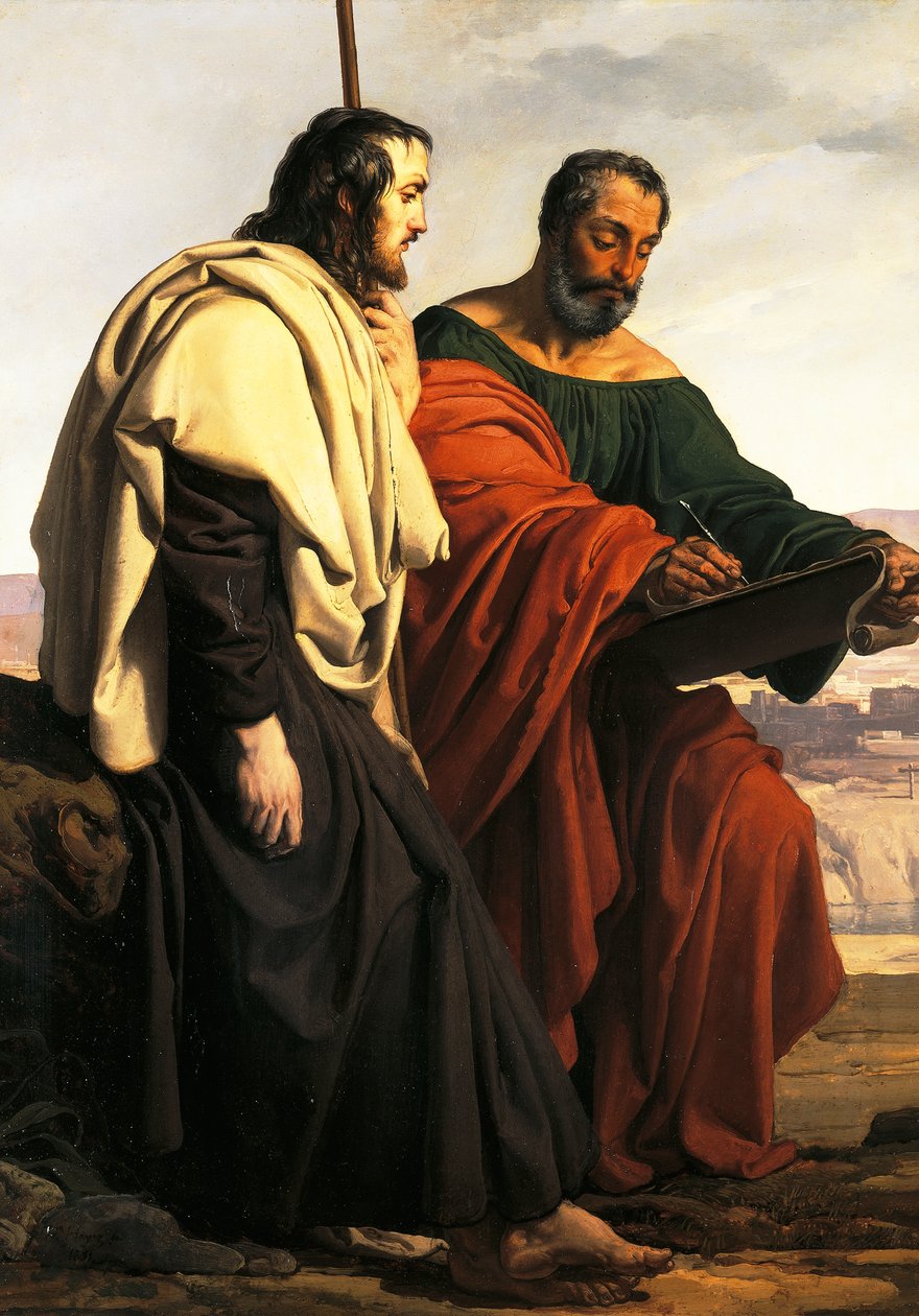 Apostlene Filip og Jakob på vej til deres forkyndelse, det vil sige to landflygtige patrioter, klædt i tricolor af Francesco Hayez