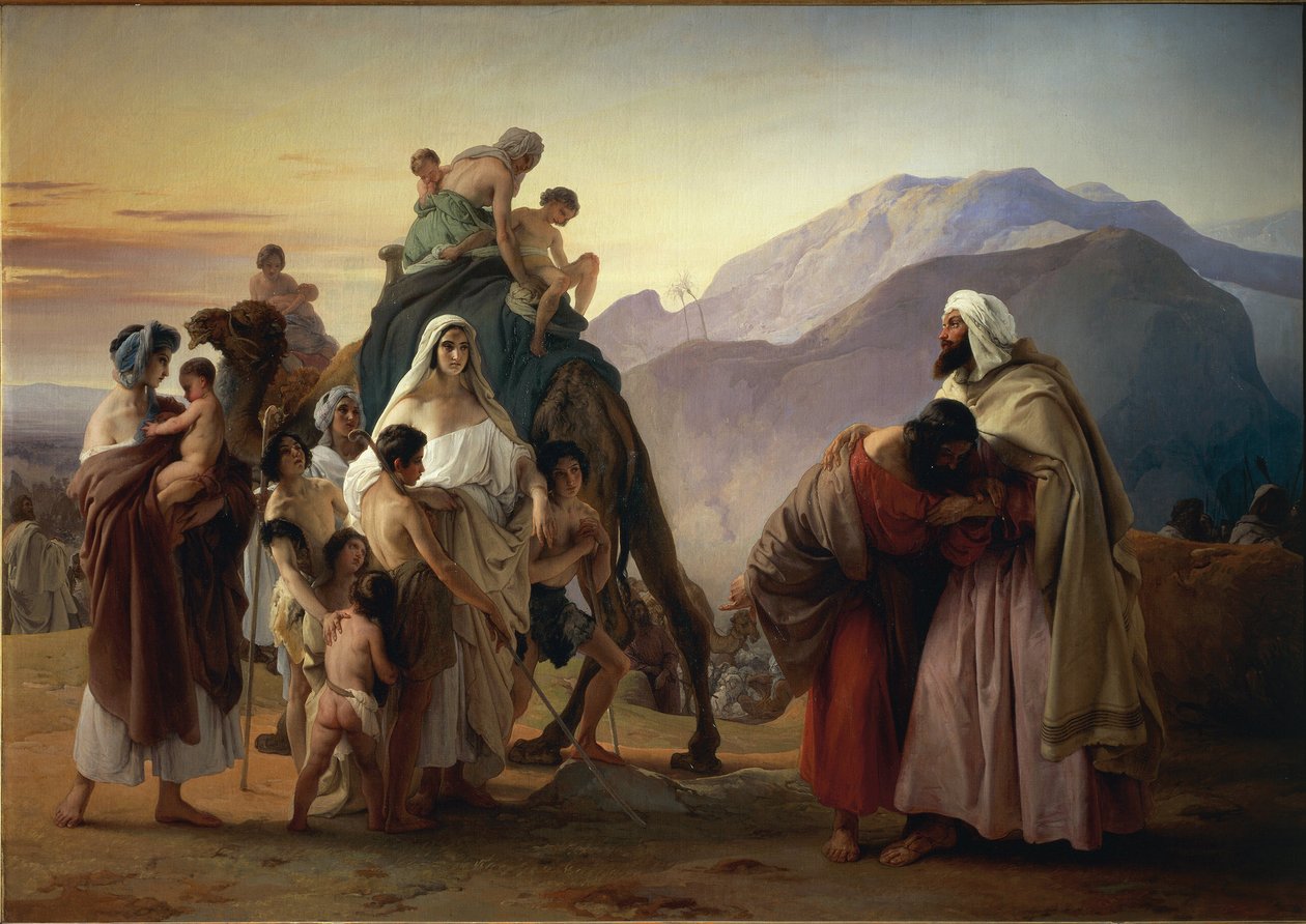 Jakobs og Esaus forsoning (olie på lærred af Francesco Hayez