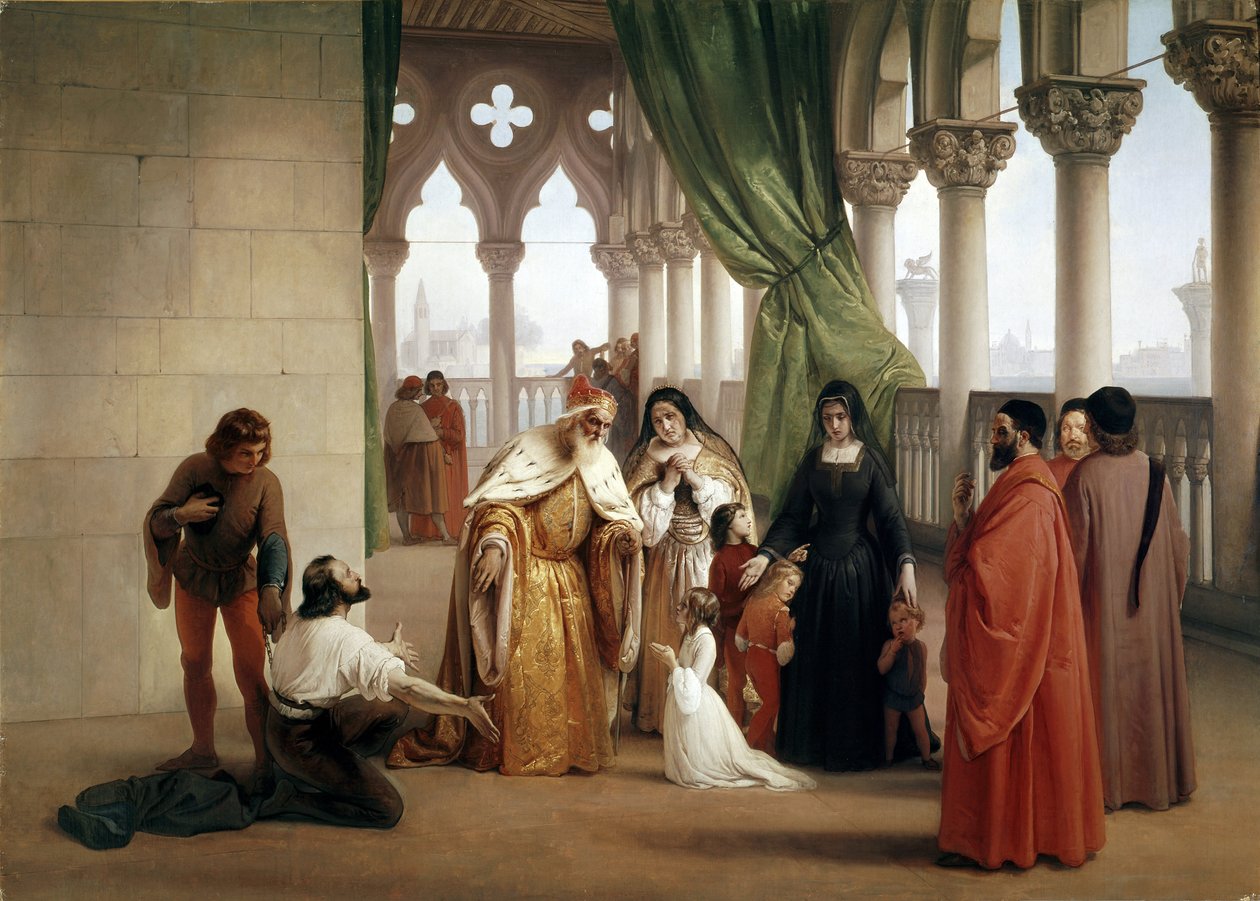 De to Foscari: Francesco Foscari, doge af Venedig, der forviser sin søn Jacopo anklaget for forræderisk korrespondance, mens han var i eksil (olie på lærred, ca. 1852) af Francesco Hayez