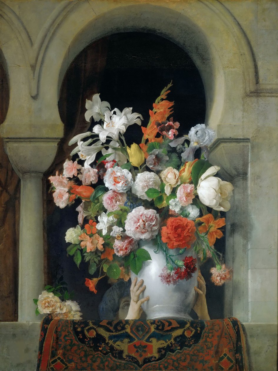 Vase med blomster på vinduet af et harem, 1881. af Francesco Hayez