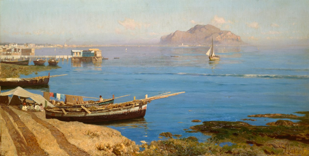 Marina med båd og fiskere, af Francesco Lojacono (1838-1915), olie på lærred, 61x118 cm af Francesco Lojacono