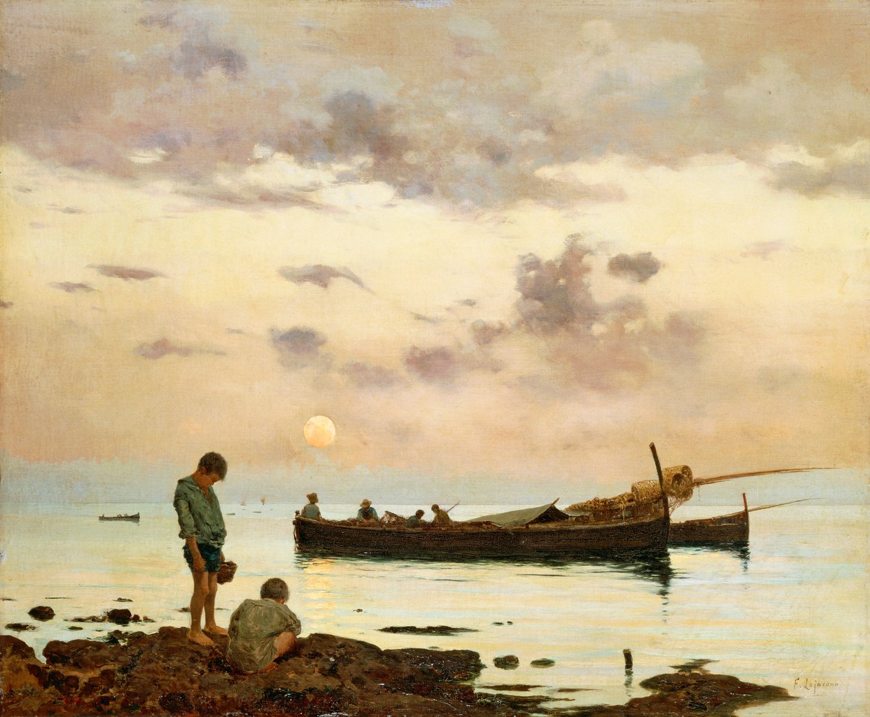 Marina med fiskerbåd og drenge, af Francesco Lojacono (1838-1915), olie på lærred, 64x77 cm af Francesco Lojacono
