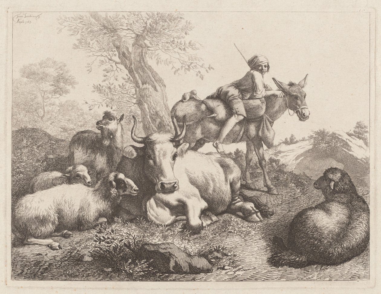 Dreng på et æsel, der våger over en gruppe dyr, 1763. af Francesco Londonio