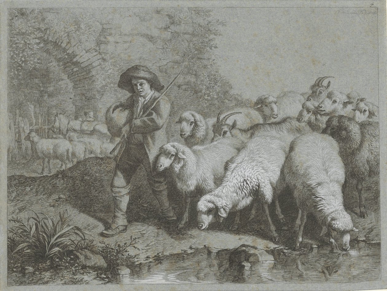 Hyrde med flok får og geder Hyrdescener (serietitel) af Francesco Londonio