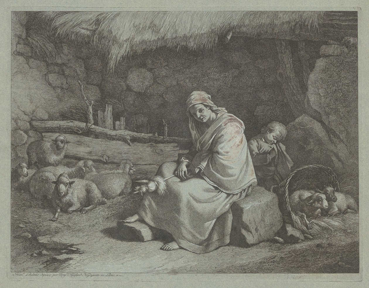 Interiør af en stald med siddende spinner og sovende barn, 17591782. af Francesco Londonio