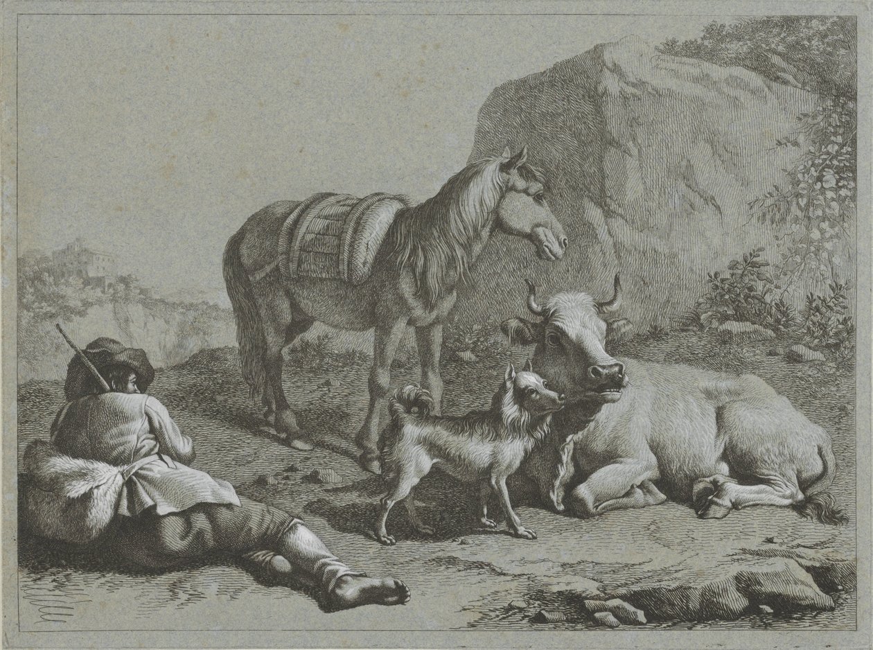 Liggende hyrde med hest, ko og hund Hyrdescener (serietitel) af Francesco Londonio