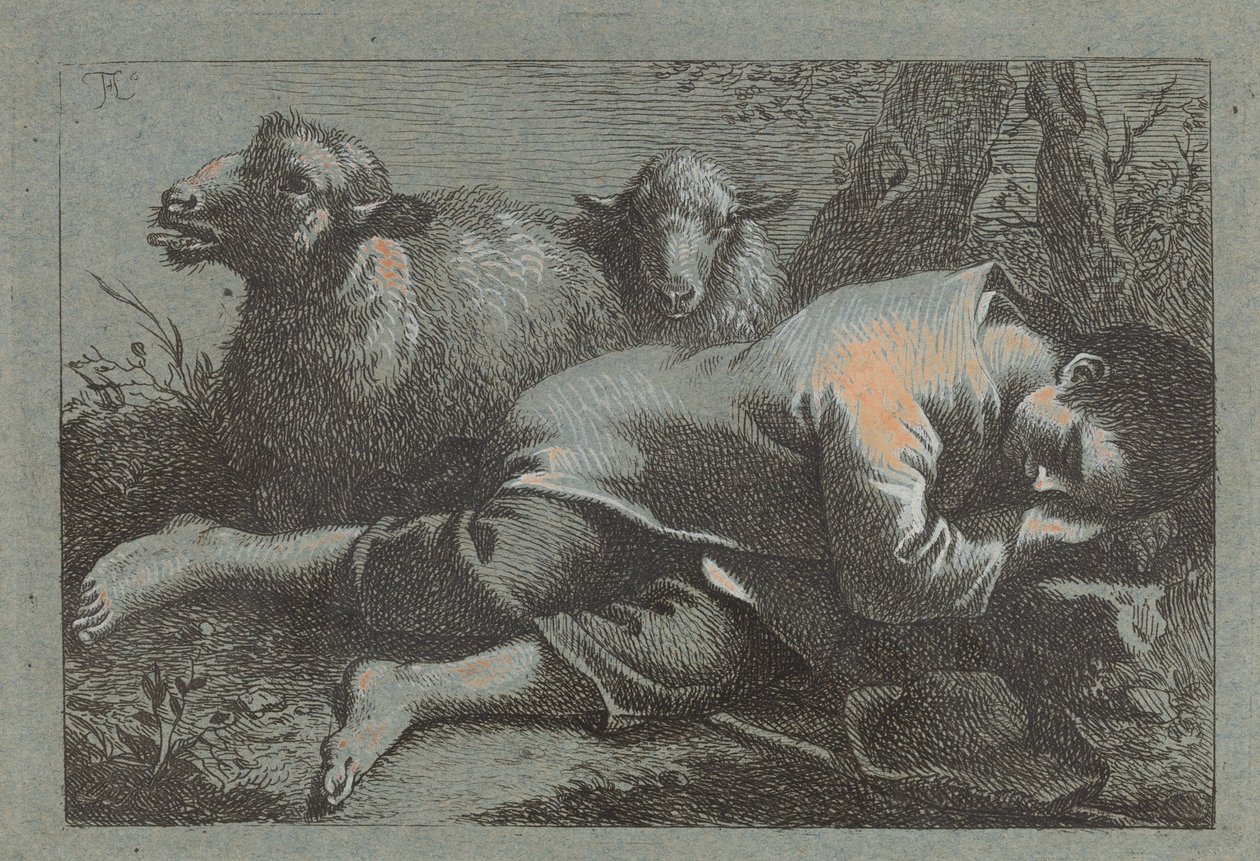 Bondedreng sover i nærheden af to får af Francesco Londonio