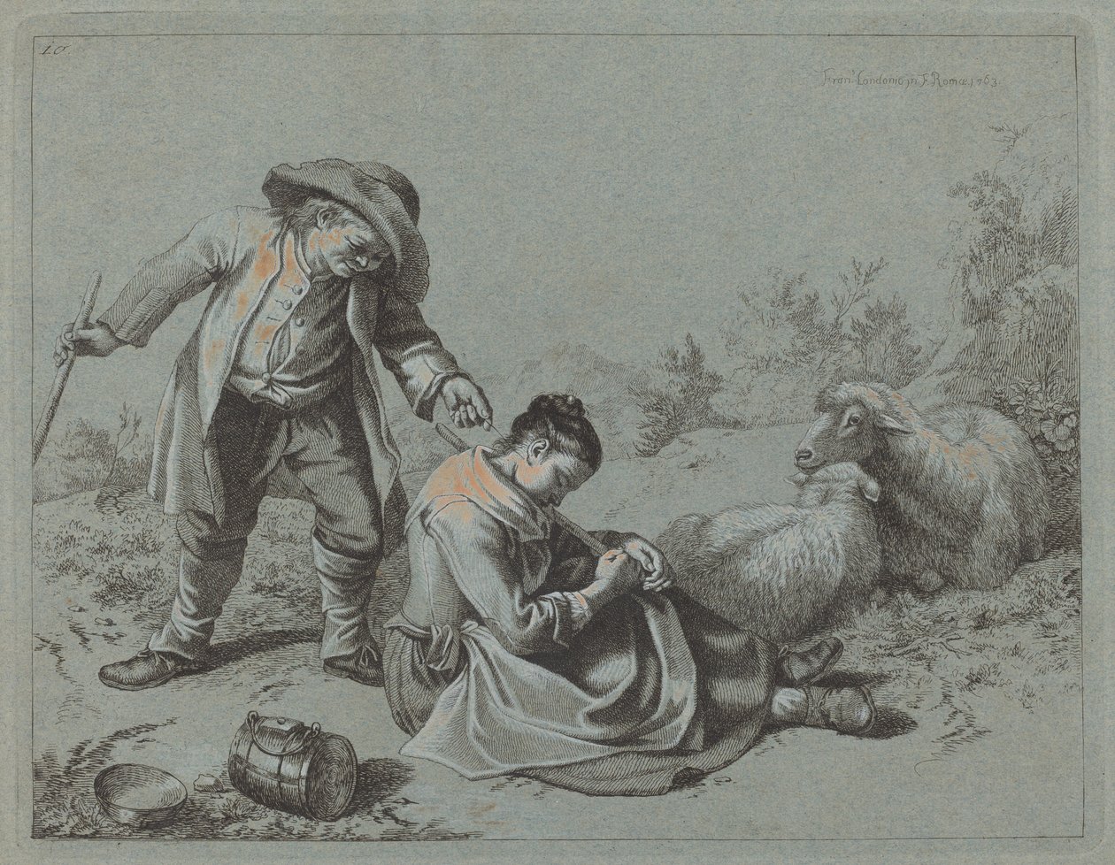 Bonde driller en sovende pige med en kvist, 1763. af Francesco Londonio
