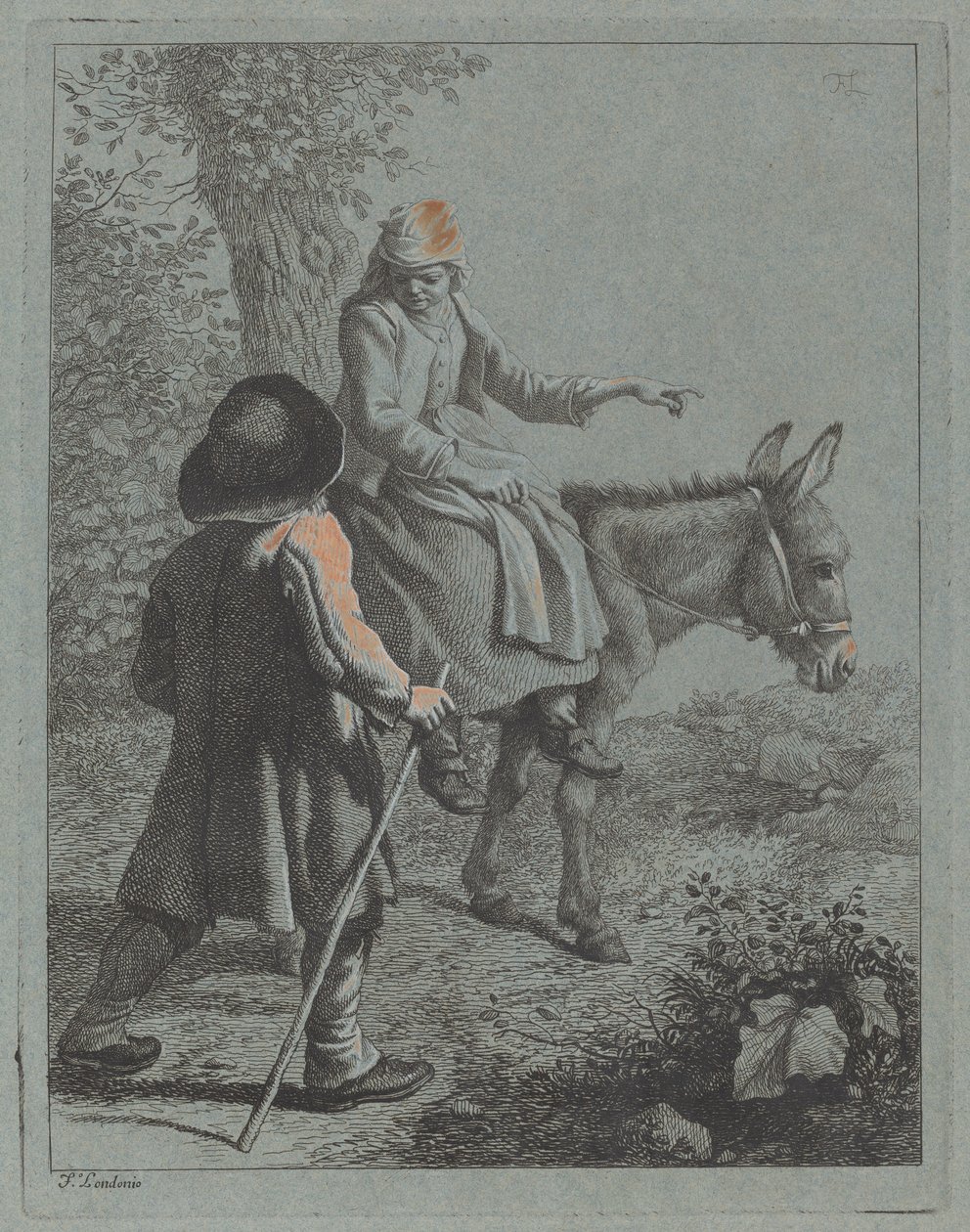 Bondekvinde siddende på et æsel og en bondemand. af Francesco Londonio