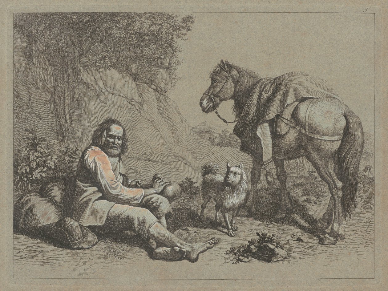 Siddende gammel mand ved at drikke af en græskar, ca. 1763. af Francesco Londonio