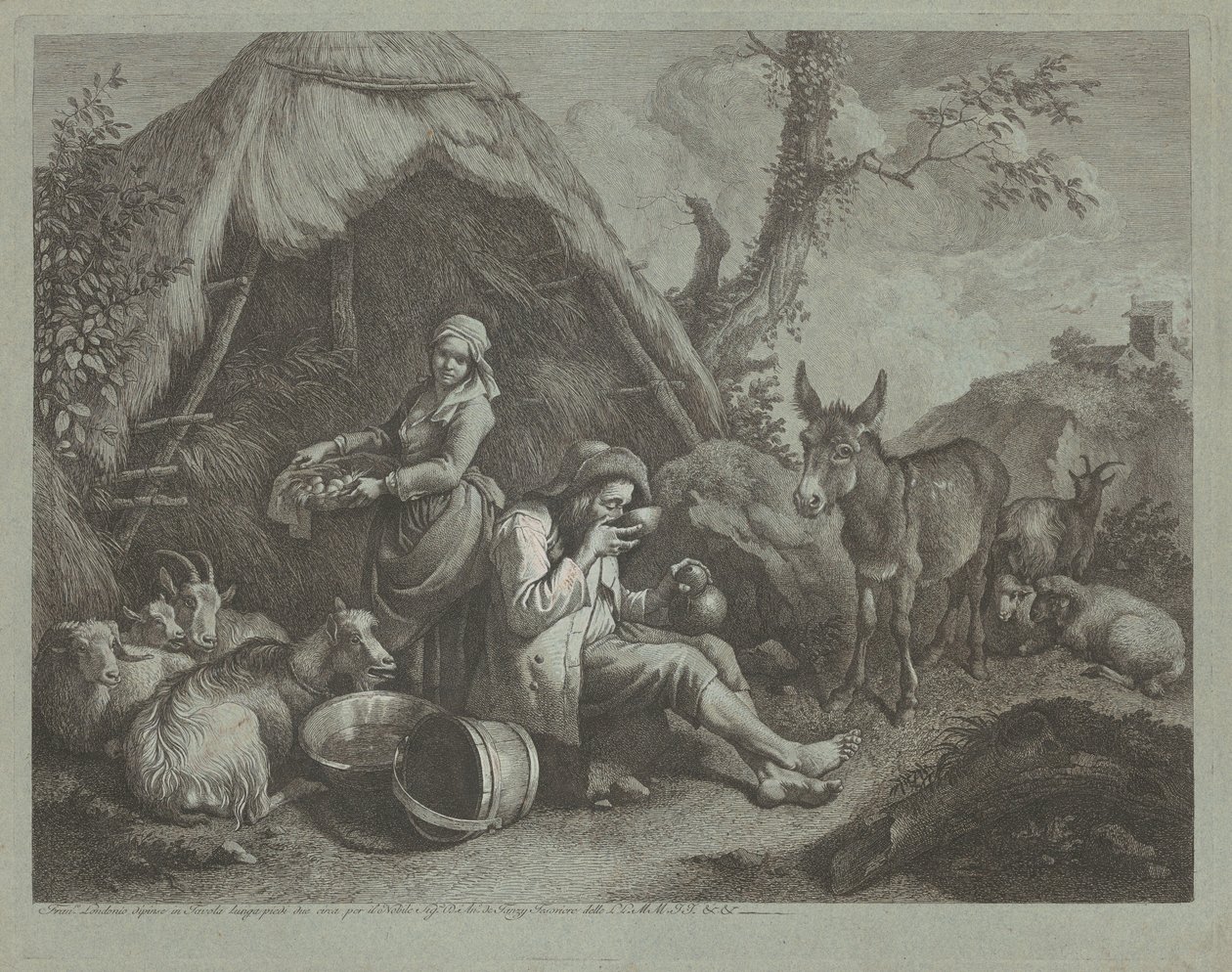 Siddende gammel mand og kvinde med en kurv med æg, 17591782. af Francesco Londonio