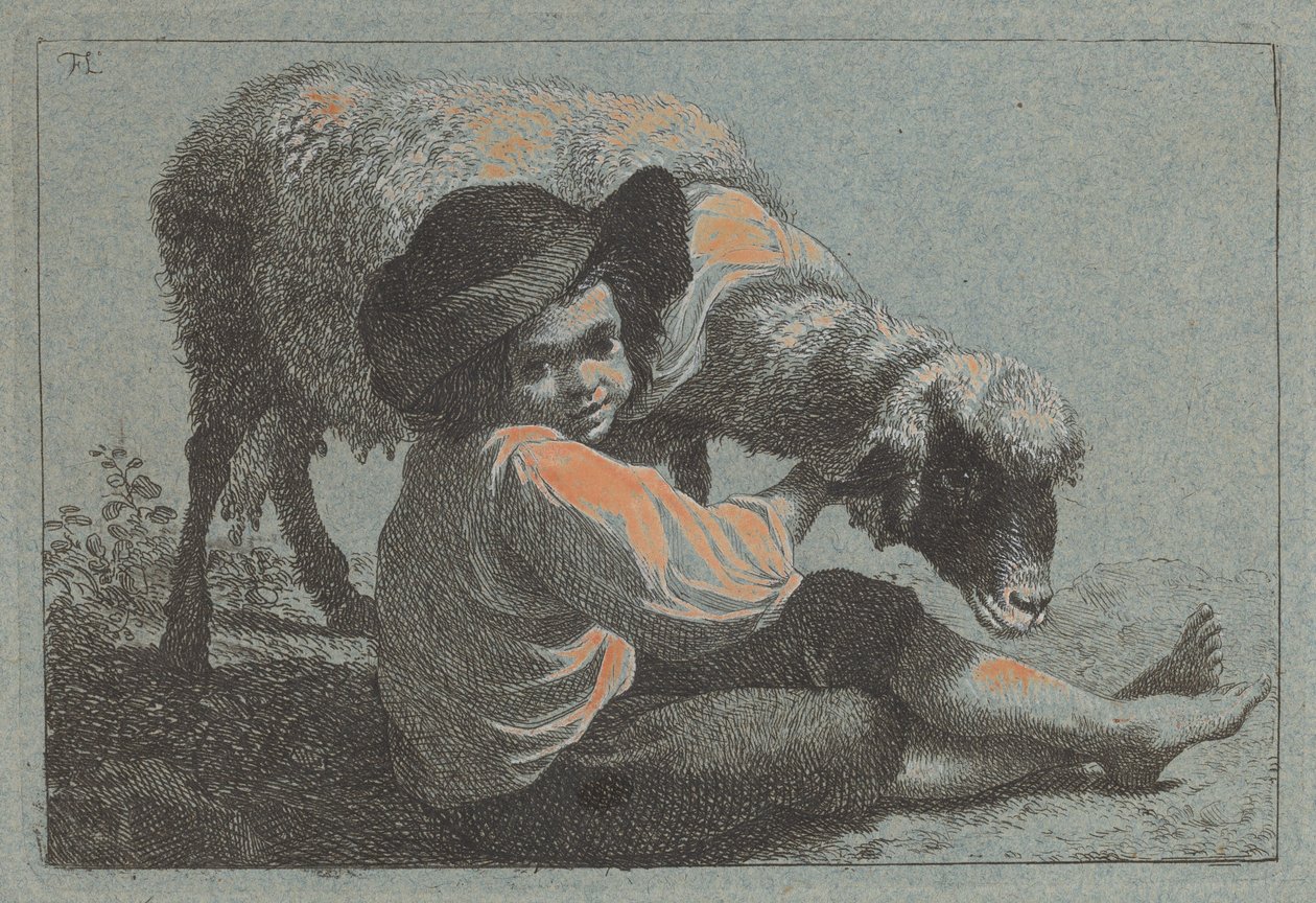 Siddende bondedreng holder et får. af Francesco Londonio